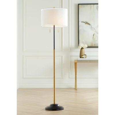 Possini Euro Design Roxie Modern Floor Lamp Standing 65 1/2" Tall Brass Black Metal Sheer Linen Double Drum Shade For Living Room Bedroom Office House 1 Possini Euro Design Roxie Modern Floor Lamp Standing 65 1/2" Tall Brass Black Metal Sheer Linen Double Drum Shade For Living Room Bedroom Office House