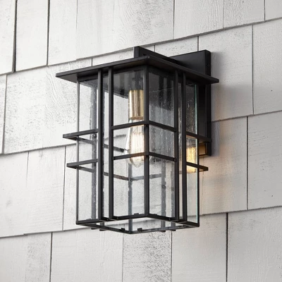Possini Euro Design Arley Modern Industrial Outdoor Wall Light Fixtures Set Of 2 Black 16" Seedy Glass For Post Exterior Barn Deck House 5 Possini Euro Design Arley Modern Industrial Outdoor Wall Light Fixtures Set Of 2 Black 16" Seedy Glass For Post Exterior Barn Deck House - Image 5