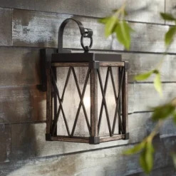 Possini Euro Design Brawley Rustic Industrial Outdoor Wall Light Fixture Bronze Wood Grain 13 1/2" Clear Seedy Glass For Post Exterior Barn Deck House