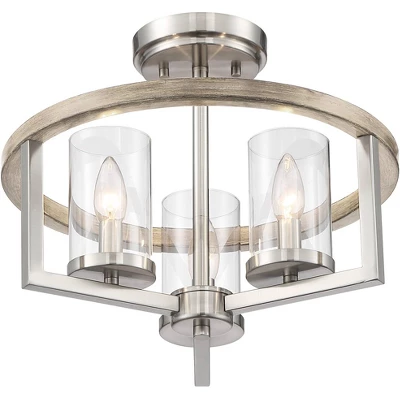 Possini Euro Design Senna Modern Industrial Ceiling Light Semi Flush Mount Fixture 15" Wide Brushed Nickel Gray Wood 3-Light Clear Glass For Bedroom 4 Possini Euro Design Senna Modern Industrial Ceiling Light Semi Flush Mount Fixture 15" Wide Brushed Nickel Gray Wood 3-Light Clear Glass For Bedroom - Image 4