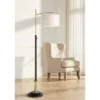 Possini Euro Design Modern Downbridge Floor Lamp 64" Tall Black Brass Metal Linen Drum Shade For Living Room Reading Bedroom Home