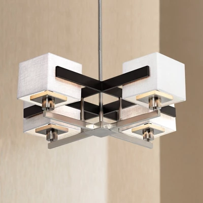Possini Euro Design Brushed Nickel Pendant Chandelier 28" Wide Modern Dark Mocha Wood Finish Off White Fabric 4-Light Fixture Dining Room 1 Possini Euro Design Brushed Nickel Pendant Chandelier 28" Wide Modern Dark Mocha Wood Finish Off White Fabric 4-Light Fixture Dining Room
