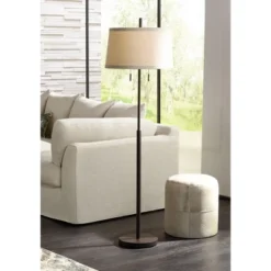 Possini Euro Design Nayla Modern Floor Lamp 62 1/2" Tall Bronze Metal Off White Fabric Tapered Drum Shade For Living Room Bedroom Office House Home