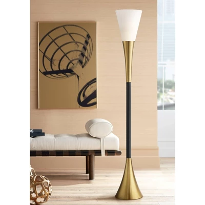 Possini Euro Design Modern Glam Style Torchiere Floor Lamp 72.5" Tall Black Antique Brass Metal White Glass Shade Living Room Reading Uplight 1 Possini Euro Design Modern Glam Style Torchiere Floor Lamp 72.5" Tall Black Antique Brass Metal White Glass Shade Living Room Reading Uplight