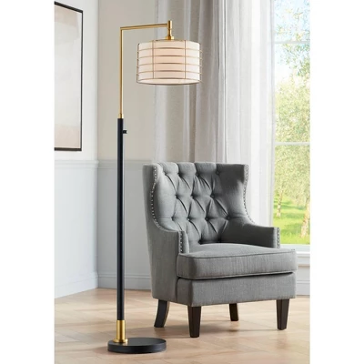Possini Euro Design Modern Arc Floor Lamp 63 1/2" Tall Warm Gold Black Metal Cage Off-White Linen Shade For Living Room Reading 1 Possini Euro Design Modern Arc Floor Lamp 63 1/2" Tall Warm Gold Black Metal Cage Off-White Linen Shade For Living Room Reading