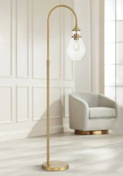 Possini Euro Design Vaile Modern 66" Tall Chairside Arc Floor Lamp Warm Gold Metal Clear Seeded Glass Shade For Living Room Reading Home
