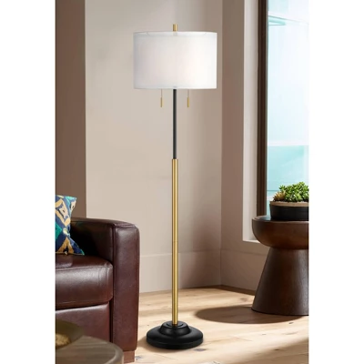 Possini Euro Design Roxie Modern Floor Lamp Standing 65 1/2" Tall Brass Black Metal Sheer Linen Double Drum Shade For Living Room Bedroom Office House 8 Possini Euro Design Roxie Modern Floor Lamp Standing 65 1/2" Tall Brass Black Metal Sheer Linen Double Drum Shade For Living Room Bedroom Office House - Image 8