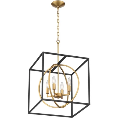 Possini Euro Design Black Warm Brass Cage Foyer Pendant Chandelier 16 1/2" Wide 4-Light Mid Century Modern For Dining Room House 4 Possini Euro Design Black Warm Brass Cage Foyer Pendant Chandelier 16 1/2" Wide 4-Light Mid Century Modern For Dining Room House - Image 4
