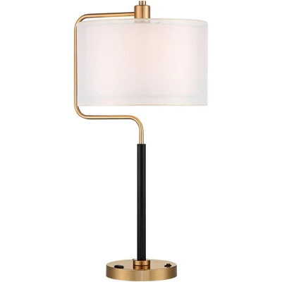 Possini Euro Design Carlyle Modern Mid Century Desk Lamp 30 1/2" Tall Gold With USB And AC Power Outlet In Base Double Drum Shades For Living Room 7 Possini Euro Design Carlyle Modern Mid Century Desk Lamp 30 1/2" Tall Gold With USB And AC Power Outlet In Base Double Drum Shades For Living Room - Image 7