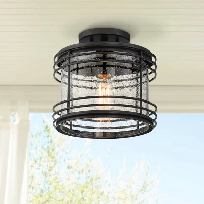 Possini Euro Design Modern Semi Flush Mount Outdoor Ceiling Light Fixture Black Geometric 11" Clear Seedy Glass For Exterior House Porch Patio Deck 1 Possini Euro Design Modern Semi Flush Mount Outdoor Ceiling Light Fixture Black Geometric 11" Clear Seedy Glass For Exterior House Porch Patio Deck