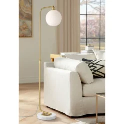 Possini Euro Design Casaba Mid Century Modern Chairside Arc Floor Lamp 64" Tall Warm Gold Adjustable Frosted Glass Shade For Living Room Reading House