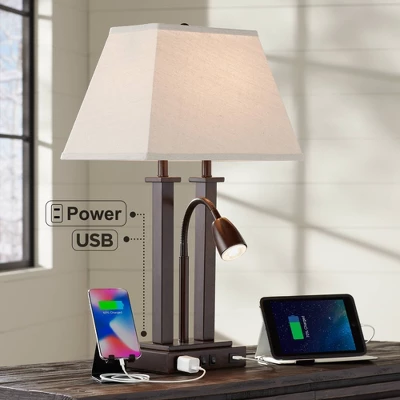 Possini Euro Design Deacon Modern Desk Table Lamp 26" High Bronze With USB And AC Power Outlet In Base LED Reading Light Oatmeal Shade For Office Desk 1 Possini Euro Design Deacon Modern Desk Table Lamp 26" High Bronze With USB And AC Power Outlet In Base LED Reading Light Oatmeal Shade For Office Desk