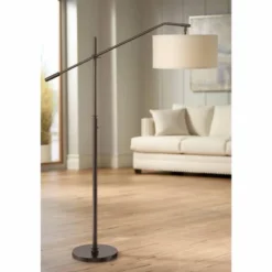 Possini Euro Design Sales Store 4 Possini Euro Design Industrial Floor Lamp Adjustable Arm 62.5" Tall Oiled Bronze Metal Light Brown Linen Drum Shade For Living Room Reading