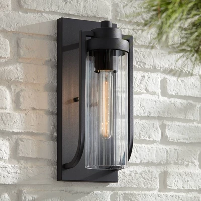 Possini Euro Design Bogata Modern Outdoor Wall Light Fixture Textured Black 15 1/2" Clear Ribbed Glass For Post Exterior Barn Deck House Porch Yard 1 Possini Euro Design Bogata Modern Outdoor Wall Light Fixture Textured Black 15 1/2" Clear Ribbed Glass For Post Exterior Barn Deck House Porch Yard