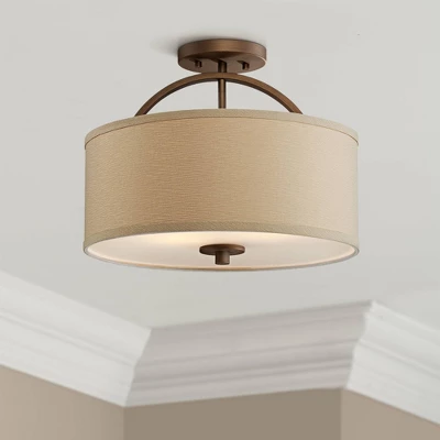 Possini Euro Design Halsted Modern Ceiling Light Semi Flush Mount Fixture 15" Wide Brushed Bronze 2-Light Oatmeal Linen Drum For Bedroom Living Room 1 Possini Euro Design Halsted Modern Ceiling Light Semi Flush Mount Fixture 15" Wide Brushed Bronze 2-Light Oatmeal Linen Drum For Bedroom Living Room