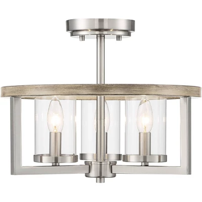 Possini Euro Design Senna Modern Industrial Ceiling Light Semi Flush Mount Fixture 15" Wide Brushed Nickel Gray Wood 3-Light Clear Glass For Bedroom 3 Possini Euro Design Senna Modern Industrial Ceiling Light Semi Flush Mount Fixture 15" Wide Brushed Nickel Gray Wood 3-Light Clear Glass For Bedroom - Image 3