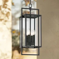 Possini Euro Design Jericho Modern Outdoor Hanging Light Textured Black 24 1/4" Clear Glass Panel For Post Exterior Barn Deck House Porch Yard Patio