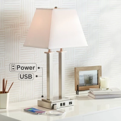 Possini Euro Design Amity Modern Table Lamp 26" High Brushed Nickel With USB And AC Power Outlet In Base White Linen Shade For Bedroom Bedside Desk 1 Possini Euro Design Amity Modern Table Lamp 26" High Brushed Nickel With USB And AC Power Outlet In Base White Linen Shade For Bedroom Bedside Desk