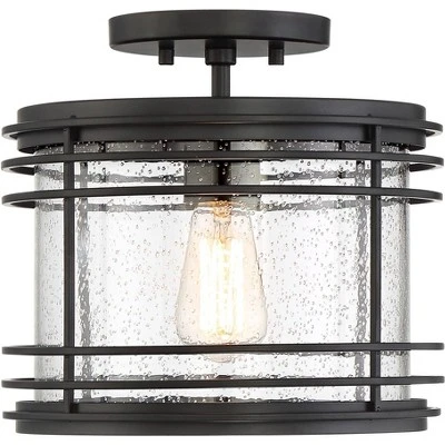 Possini Euro Design Modern Semi Flush Mount Outdoor Ceiling Light Fixture Black Geometric 11" Clear Seedy Glass For Exterior House Porch Patio Deck 3 Possini Euro Design Modern Semi Flush Mount Outdoor Ceiling Light Fixture Black Geometric 11" Clear Seedy Glass For Exterior House Porch Patio Deck - Image 3