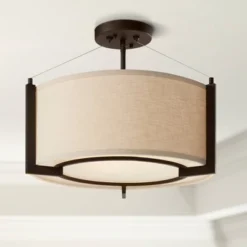 Possini Euro Design Stinson Modern Ceiling Light Semi Flush Mount Fixture 17 1/4" Wide Bronze 3-Light Linen Drum Shade For Bedroom Kitchen Living Room