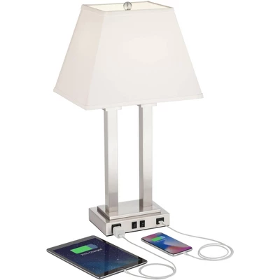 Possini Euro Design Amity Modern Table Lamp 26" High Brushed Nickel With USB And AC Power Outlet In Base White Linen Shade For Bedroom Bedside Desk 2 Possini Euro Design Amity Modern Table Lamp 26" High Brushed Nickel With USB And AC Power Outlet In Base White Linen Shade For Bedroom Bedside Desk - Image 2