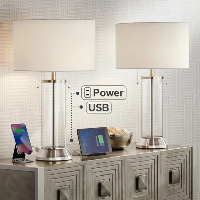 Possini Euro Design Fritz Modern Table Lamps 26 1/2" High Set Of 2 Silver Clear Glass With USB And AC Power Outlet In Base Drum Shade For Bedroom Desk 1 Possini Euro Design Fritz Modern Table Lamps 26 1/2" High Set Of 2 Silver Clear Glass With USB And AC Power Outlet In Base Drum Shade For Bedroom Desk