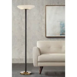 Possini Euro Design Sales Store 8 Possini Euro Design Modern Torchiere Floor Lamp LED 72" Tall Black Antique Brass White Glass Shade For Living Room Reading Uplight