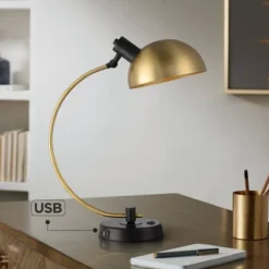 Possini Euro Design Modern Mid Century Desk Lamp 28 1/2" Tall Warm Gold Black With Dual USB Charging Ports For Bedroom Living Room Office Reading Home