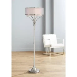 Possini Euro Design Modern Floor Lamp 64" Tall Brushed Nickel Silver Organza White Linen Drum Shade For Living Room Bedroom Office