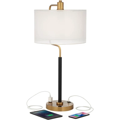Possini Euro Design Carlyle Modern Mid Century Desk Lamp 30 1/2" Tall Gold With USB And AC Power Outlet In Base Double Drum Shades For Living Room 2 Possini Euro Design Carlyle Modern Mid Century Desk Lamp 30 1/2" Tall Gold With USB And AC Power Outlet In Base Double Drum Shades For Living Room - Image 2