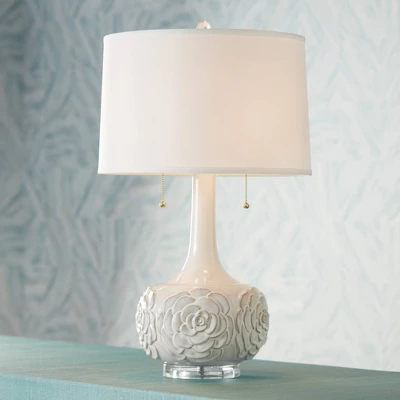 Possini Euro Design Natalia Modern Country Cottage Table Lamp 27" Tall White Ceramic Glaze Textured Floral Drum Shade For Bedroom Living Room Bedside 1 Possini Euro Design Natalia Modern Country Cottage Table Lamp 27" Tall White Ceramic Glaze Textured Floral Drum Shade For Bedroom Living Room Bedside
