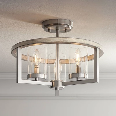 Possini Euro Design Senna Modern Industrial Ceiling Light Semi Flush Mount Fixture 15" Wide Brushed Nickel Gray Wood 3-Light Clear Glass For Bedroom 1 Possini Euro Design Senna Modern Industrial Ceiling Light Semi Flush Mount Fixture 15" Wide Brushed Nickel Gray Wood 3-Light Clear Glass For Bedroom