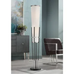 Possini Euro Design Flute Modern Torchiere Floor Lamp 64" Tall Satin Black Brushed Nickel White Linen Shade For Living Room Bedroom Office House Home
