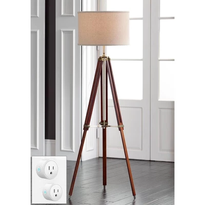 Possini Euro Design Serveyor Modern 57 1/2" Tall Tripod Floor Lamp Smart Socket Cherry Wood Brass Adjustable Beige Shade For Living Room 1 Possini Euro Design Serveyor Modern 57 1/2" Tall Tripod Floor Lamp Smart Socket Cherry Wood Brass Adjustable Beige Shade For Living Room