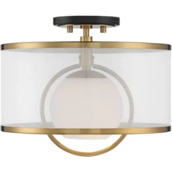 Possini Euro Design Carlyn Modern Art Deco Ceiling Light Semi Flush Mount Fixture 14" Wide Warm Brass Black Orb Organza Drum Shade For Bedroom Kitchen -Possini Euro Design Sales Store GUEST b636f543 cf37 4ef9 b484 5f095e27f3ef