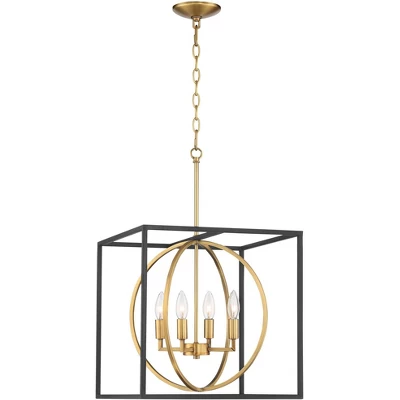 Possini Euro Design Black Warm Brass Cage Foyer Pendant Chandelier 16 1/2" Wide 4-Light Mid Century Modern For Dining Room House 3 Possini Euro Design Black Warm Brass Cage Foyer Pendant Chandelier 16 1/2" Wide 4-Light Mid Century Modern For Dining Room House - Image 3