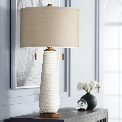Possini Euro Design Kingston Modern Mid Century Table Lamp 32 3/4" Tall White Grooved Patterned Ceramic Taupe Drum Shade For Bedroom Living Room House 1 Possini Euro Design Kingston Modern Mid Century Table Lamp 32 3/4" Tall White Grooved Patterned Ceramic Taupe Drum Shade For Bedroom Living Room House