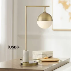 Possini Euro Design Luna Mid Century Desk Table Lamp 26 1/2" High Brass Metal With USB Charging Port Opal Glass Shade For Bedroom Living Room Bedside