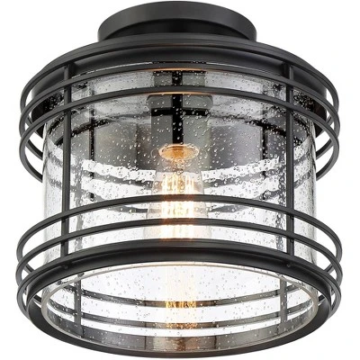Possini Euro Design Modern Semi Flush Mount Outdoor Ceiling Light Fixture Black Geometric 11" Clear Seedy Glass For Exterior House Porch Patio Deck 4 Possini Euro Design Modern Semi Flush Mount Outdoor Ceiling Light Fixture Black Geometric 11" Clear Seedy Glass For Exterior House Porch Patio Deck - Image 4