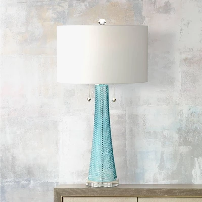 Possini Euro Design Modern Table Lamps 28.5" Tall Set Of 2 Light Sky Blue Fluted Glass White Drum Shade For Living Room Bedroom Office Family 7 Possini Euro Design Modern Table Lamps 28.5" Tall Set Of 2 Light Sky Blue Fluted Glass White Drum Shade For Living Room Bedroom Office Family - Image 7