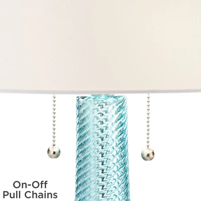 Possini Euro Design Modern Table Lamps 28.5" Tall Set Of 2 Light Sky Blue Fluted Glass White Drum Shade For Living Room Bedroom Office Family 4 Possini Euro Design Modern Table Lamps 28.5" Tall Set Of 2 Light Sky Blue Fluted Glass White Drum Shade For Living Room Bedroom Office Family - Image 4
