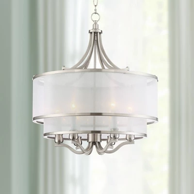 Possini Euro Design Nor Brushed Nickel Pendant Chandelier 23" Wide Modern Double White Organza Shade 6-Light Fixture For Dining Room Kitchen Island 1 Possini Euro Design Nor Brushed Nickel Pendant Chandelier 23" Wide Modern Double White Organza Shade 6-Light Fixture For Dining Room Kitchen Island