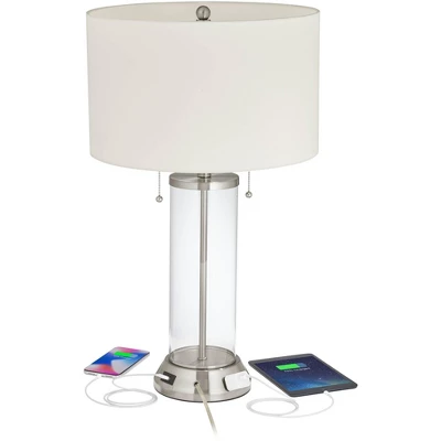 Possini Euro Design Fritz Modern Table Lamp 26 1/2" High Silver Clear Glass Column With USB And AC Power Outlet In Base Drum Shade For Bedroom Desk 2 Possini Euro Design Fritz Modern Table Lamp 26 1/2" High Silver Clear Glass Column With USB And AC Power Outlet In Base Drum Shade For Bedroom Desk - Image 2