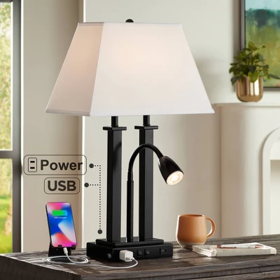 Possini Euro Design Deacon Modern Desk Table Lamp 26" High Black With USB And AC Power Outlet In Base LED Reading Light Oatmeal Shade For Office Desk 1 Possini Euro Design Deacon Modern Desk Table Lamp 26" High Black With USB And AC Power Outlet In Base LED Reading Light Oatmeal Shade For Office Desk