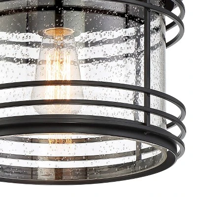 Possini Euro Design Modern Semi Flush Mount Outdoor Ceiling Light Fixture Black Geometric 11" Clear Seedy Glass For Exterior House Porch Patio Deck 2 Possini Euro Design Modern Semi Flush Mount Outdoor Ceiling Light Fixture Black Geometric 11" Clear Seedy Glass For Exterior House Porch Patio Deck - Image 2