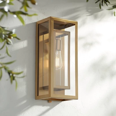 Possini Euro Design Modern Outdoor Wall Light Fixture Brass 16 1/4" Clear Glass Panel For Exterior Barn Deck House Porch Yard Patio Outside Garage 1 Possini Euro Design Modern Outdoor Wall Light Fixture Brass 16 1/4" Clear Glass Panel For Exterior Barn Deck House Porch Yard Patio Outside Garage