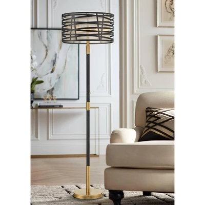 Possini Euro Design Halifax Modern Industrial Floor Lamp 64 1/2" Tall Matte Black Warm Gold Metal Double Drum Shade For Living Room Bedroom Office 1 Possini Euro Design Halifax Modern Industrial Floor Lamp 64 1/2" Tall Matte Black Warm Gold Metal Double Drum Shade For Living Room Bedroom Office