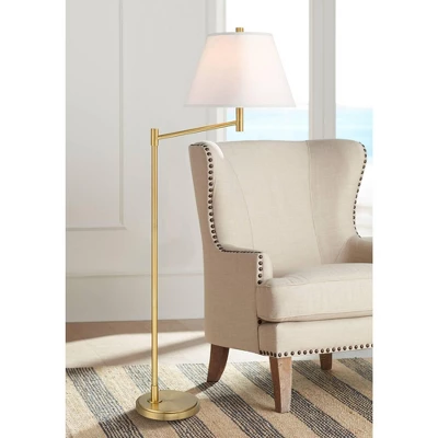 Possini Euro Design Modern Arc Floor Lamp Standing 62 1/2" Tall Warm Gold Offset Arm White Linen Drum Shade For Living Room Reading Family Bedroom 1 Possini Euro Design Modern Arc Floor Lamp Standing 62 1/2" Tall Warm Gold Offset Arm White Linen Drum Shade For Living Room Reading Family Bedroom