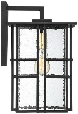 Possini Euro Design Arley Modern Industrial Outdoor Wall Light Fixtures Set Of 2 Black 16" Seedy Glass For Post Exterior Barn Deck House 4 Possini Euro Design Arley Modern Industrial Outdoor Wall Light Fixtures Set Of 2 Black 16" Seedy Glass For Post Exterior Barn Deck House - Image 4