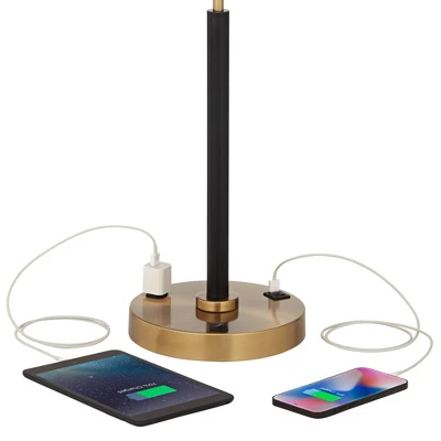 Possini Euro Design Carlyle Modern Mid Century Desk Lamp 30 1/2" Tall Gold With USB And AC Power Outlet In Base Double Drum Shades For Living Room 3 Possini Euro Design Carlyle Modern Mid Century Desk Lamp 30 1/2" Tall Gold With USB And AC Power Outlet In Base Double Drum Shades For Living Room - Image 3